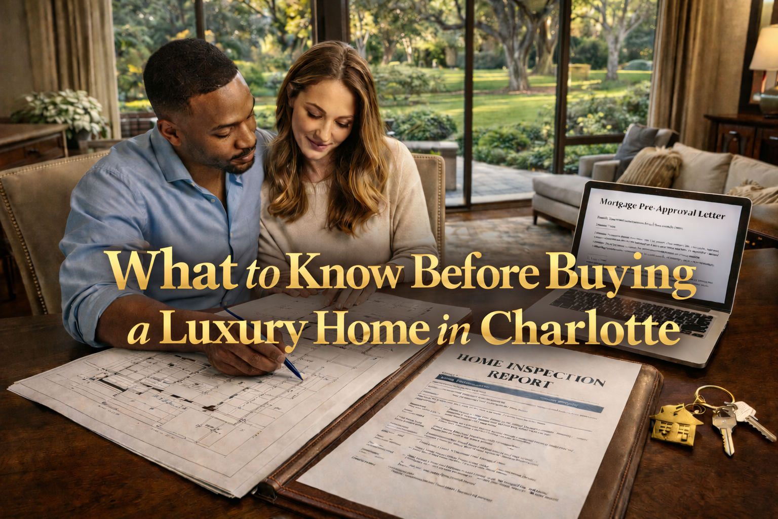 Luxury home buyers reviewing inspection report and financing documents in Charlotte NC Myers Park home 2026