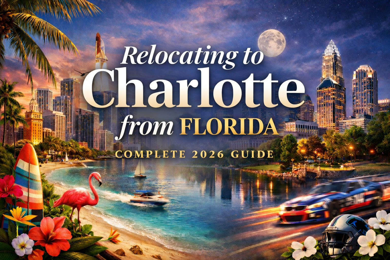 Charlotte skyline and Florida state outline comparison showing homeowners insurance savings and hurricane risk elimination for relocators moving from Florida to Charlotte North Carolina