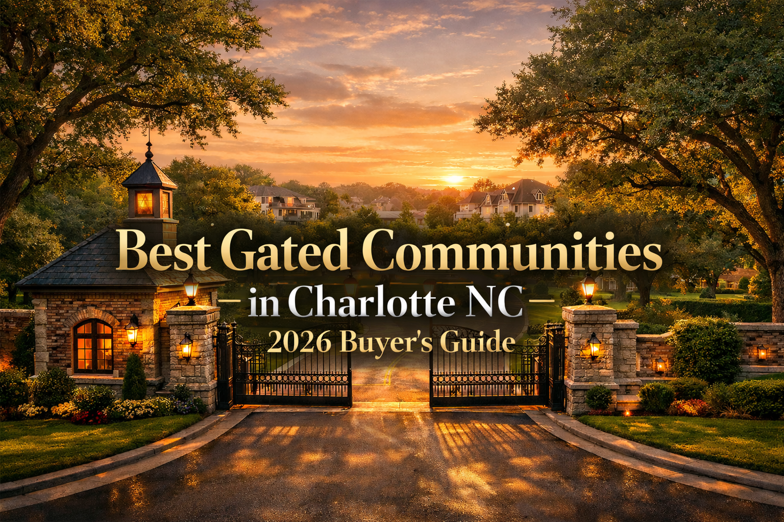 Guard-gated entrance to an exclusive luxury estate community in Charlotte NC with stone pillars and tree-lined boulevard at golden hour