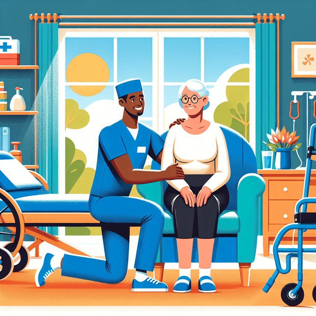 A nurse is kneeling down next to an elderly woman sitting on a couch.