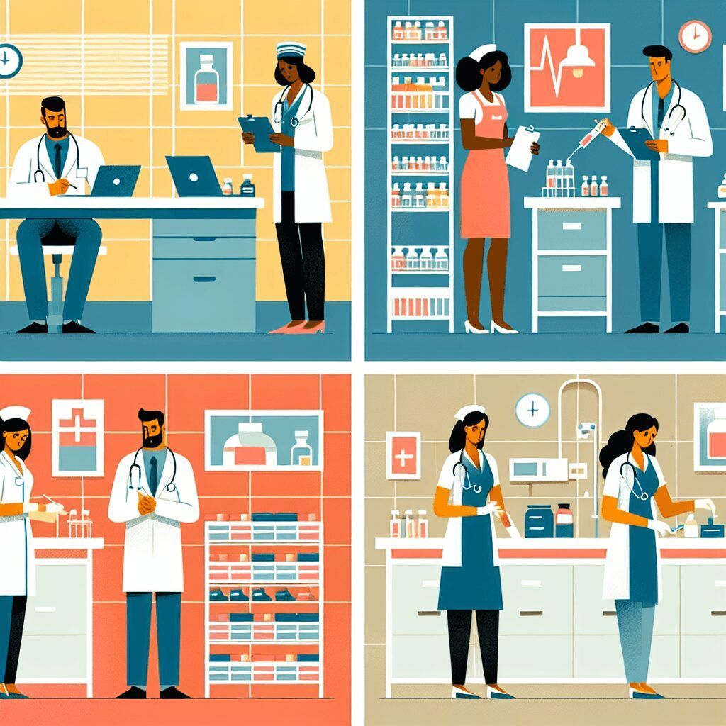 A set of four illustrations of doctors and nurses working in a hospital.