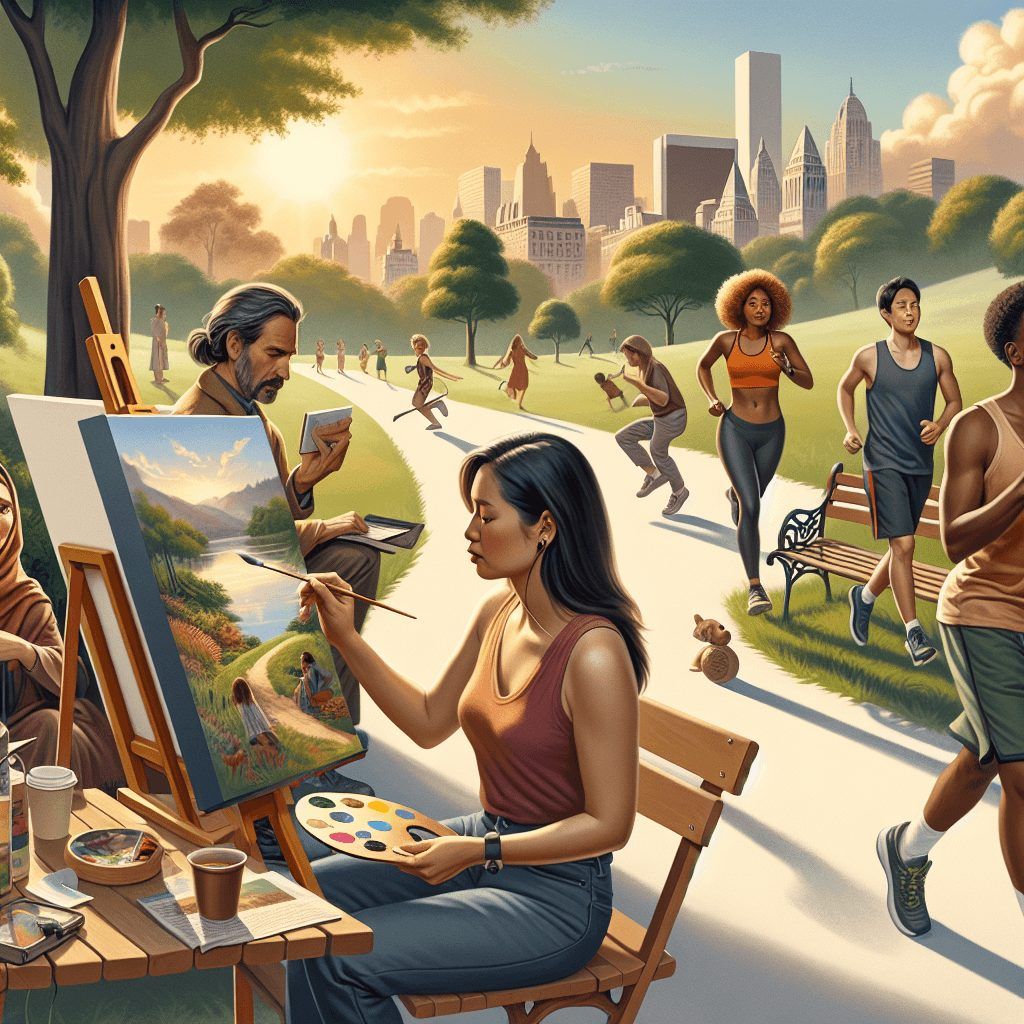 A woman is sitting at an easel painting a picture in a park.