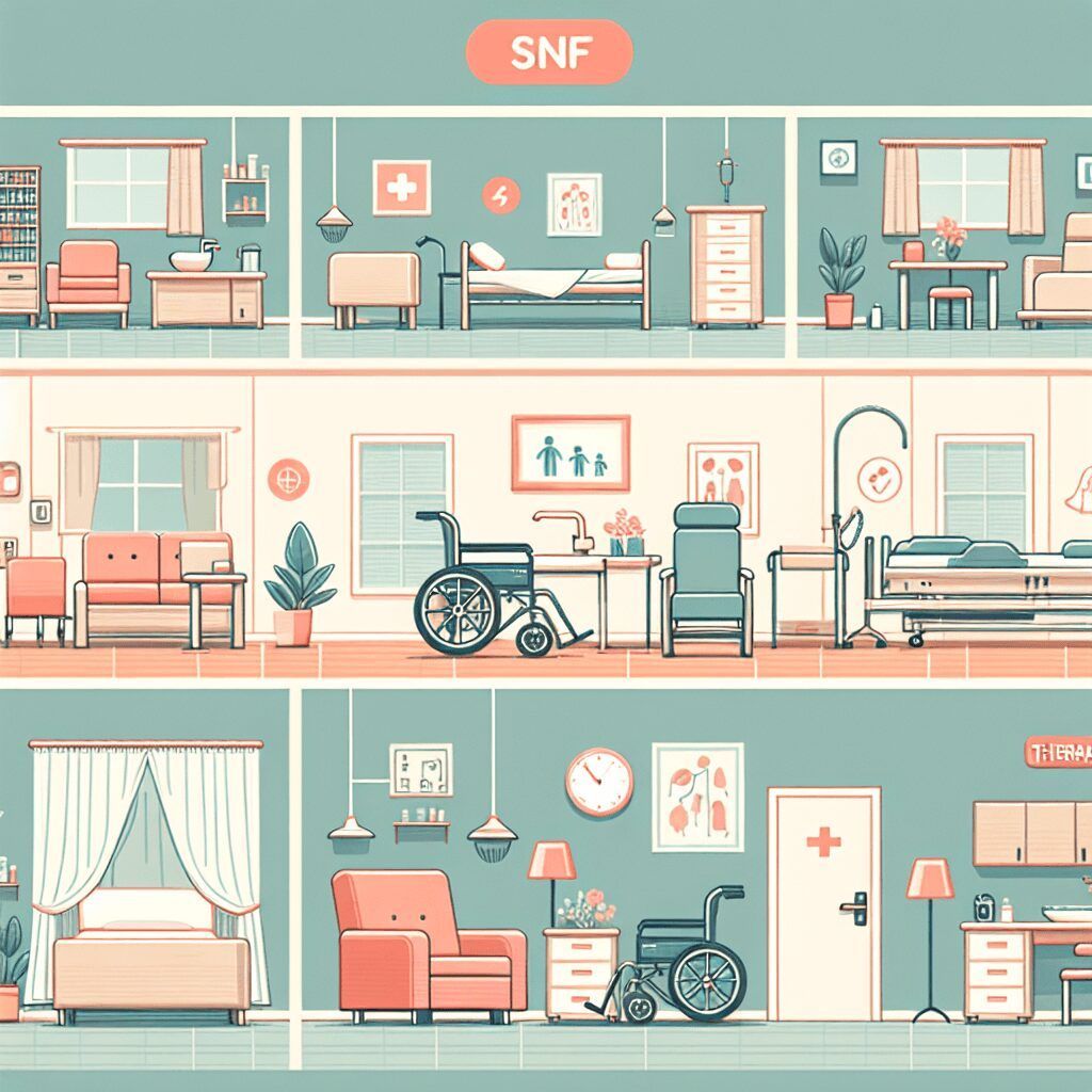 A pixel art illustration of a hospital room with beds , chairs , and a wheelchair.