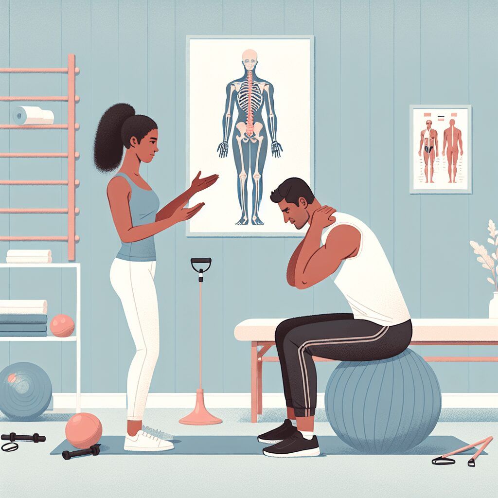 A man is sitting on a pilates ball while a woman talks to him.