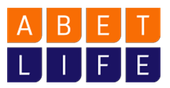 A blue and orange logo for abet life