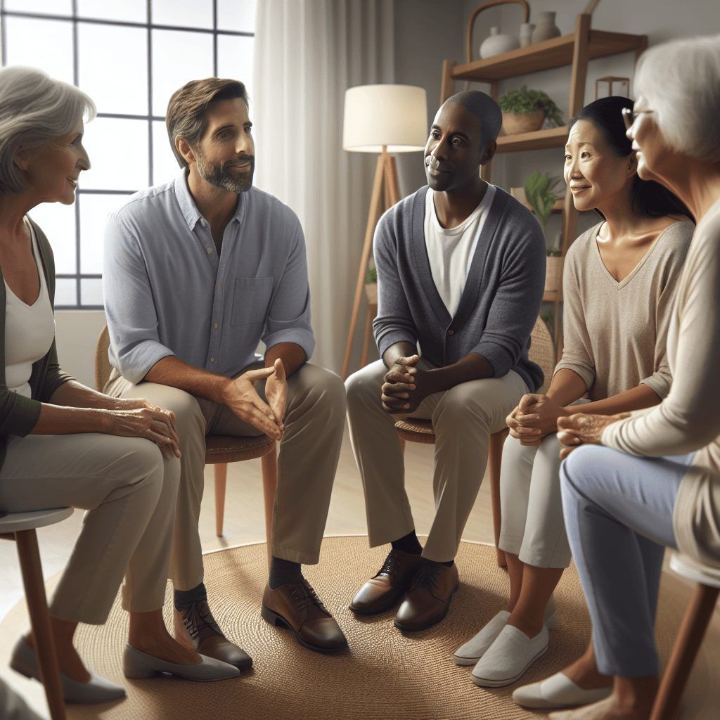 A group of people are sitting in a circle talking to each other.
