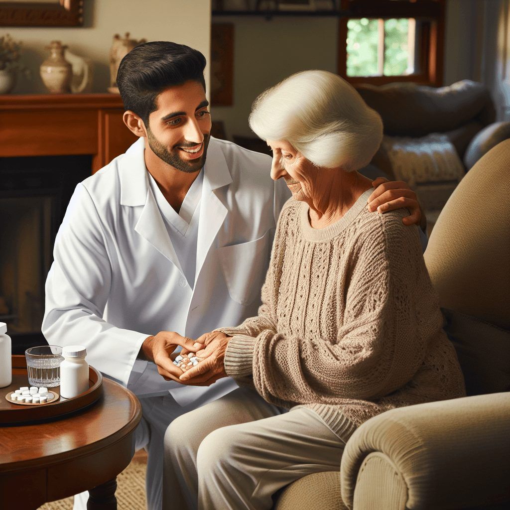 A doctor is giving an elderly woman a pill.