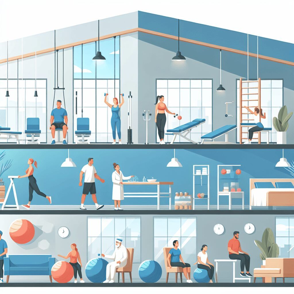 A cross section of a gym with people doing exercises and a living room.