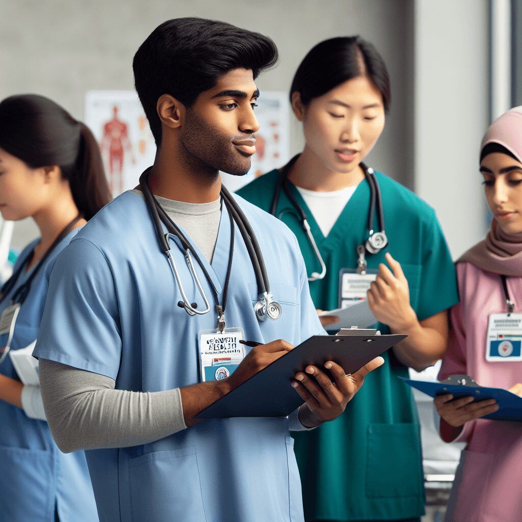 A group of doctors are standing in a hallway looking at a clipboard.
