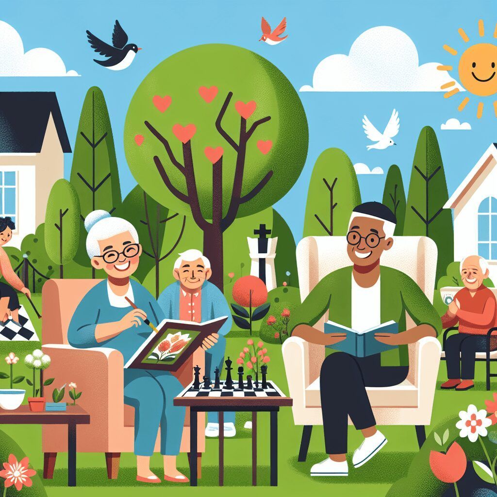 A group of elderly people are sitting in chairs in a park.