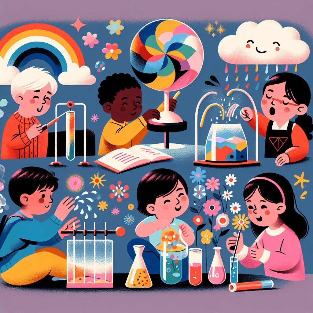 A group of children are sitting on the floor doing science experiments.