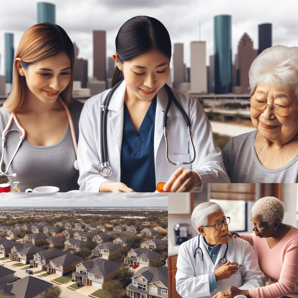 A collage of photos of a doctor , nurse , and elderly woman.