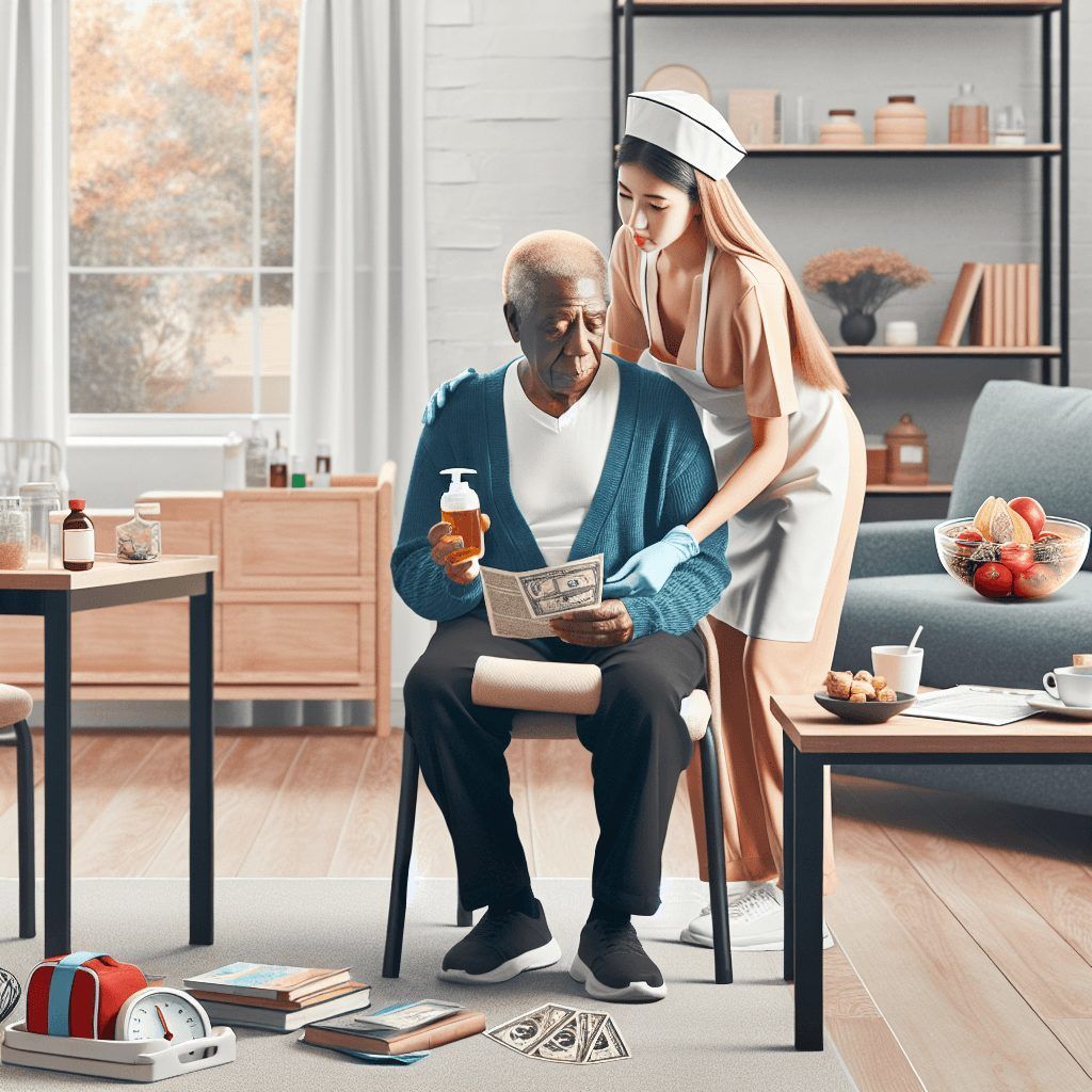 A nurse is helping an elderly man read a book in a living room.