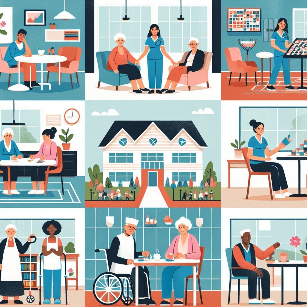 A collage of illustrations of elderly people in a nursing home.