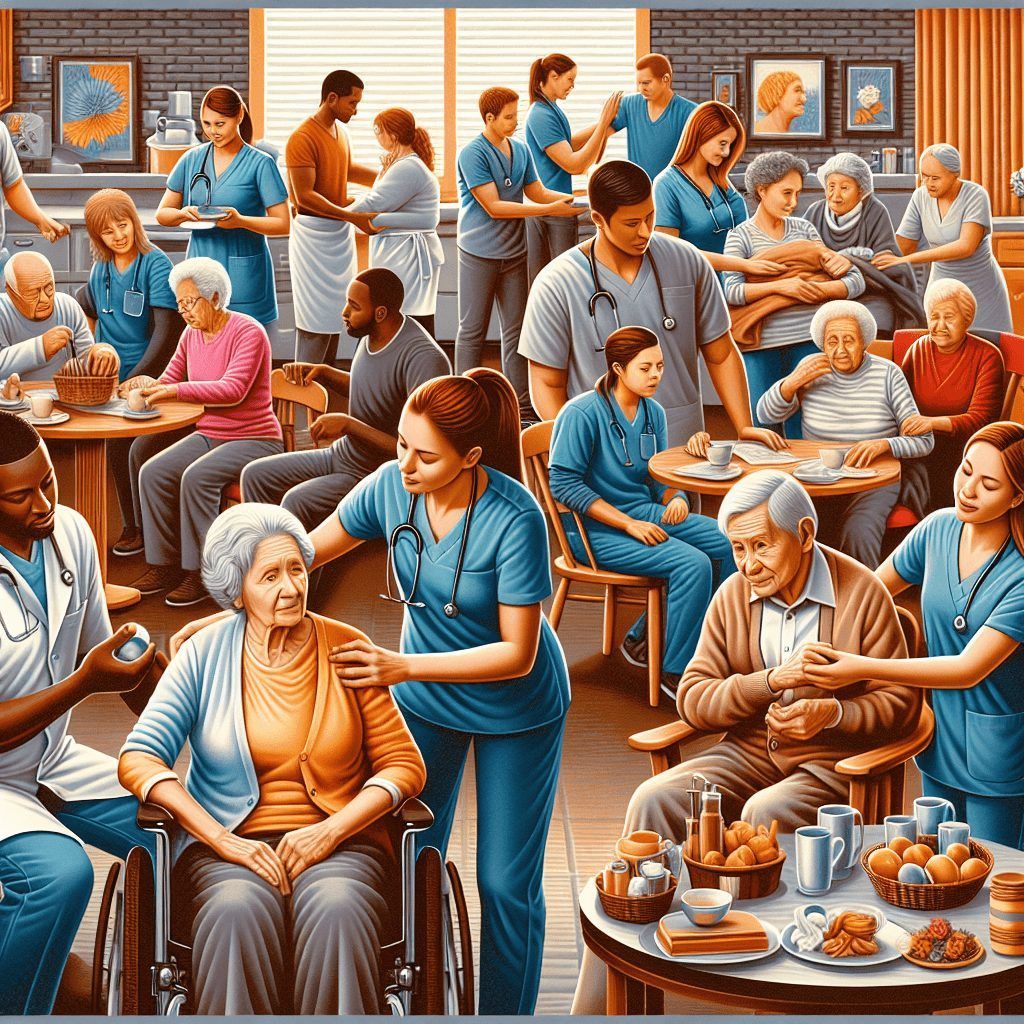 A painting of nurses and elderly people in a nursing home