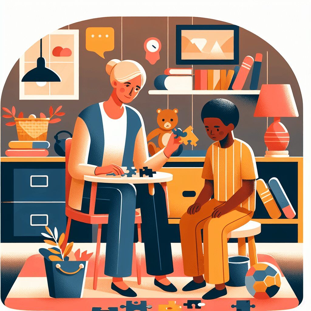 A woman is sitting at a table playing with a child.