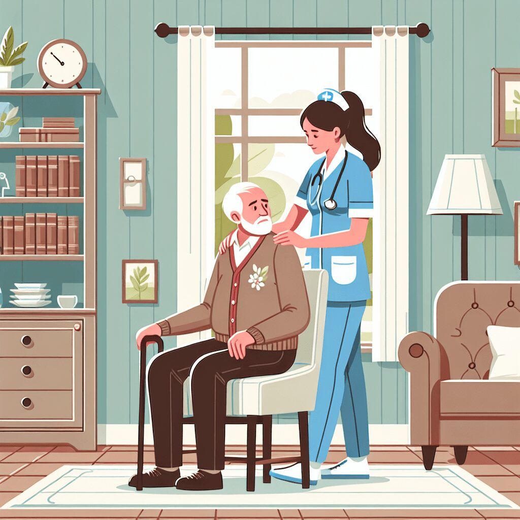 A nurse is helping an elderly man with a cane in a living room.