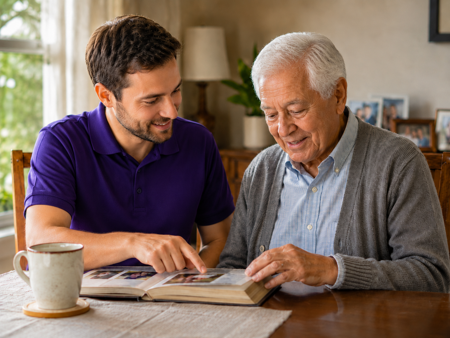 Male caregiver sharing family photographs with an older man receiving dementia and Alzheimer's respite care at home in Stafford, TX