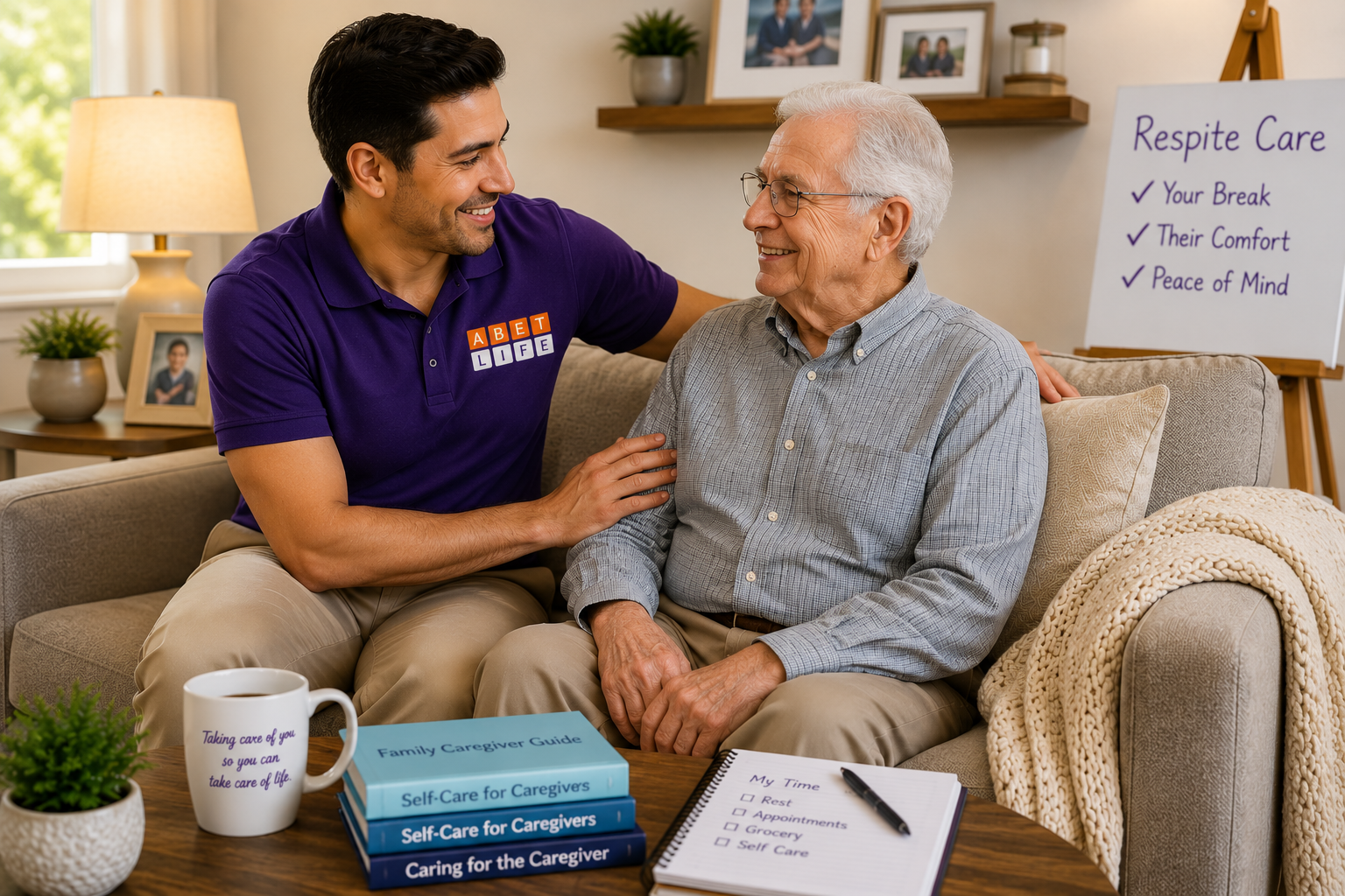 Male respite caregiver providing compassionate in-home support to an older adult in Stafford, TX