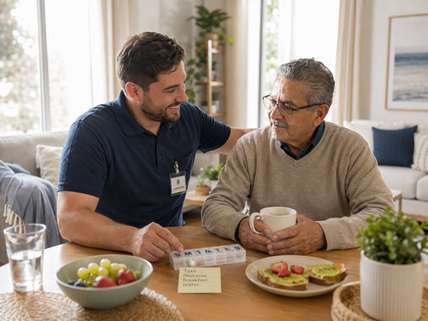 Male respite caregiver helping an older adult with meals, medication reminders, and daily support at home in Stafford, TX