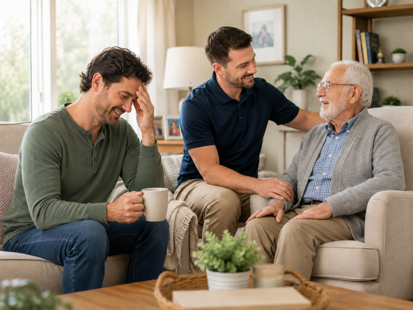 Family caregiver experiencing exhaustion while a male respite caregiver supports an older man at home in Stafford, TX