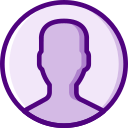 A purple icon of a person 's head in a circle.