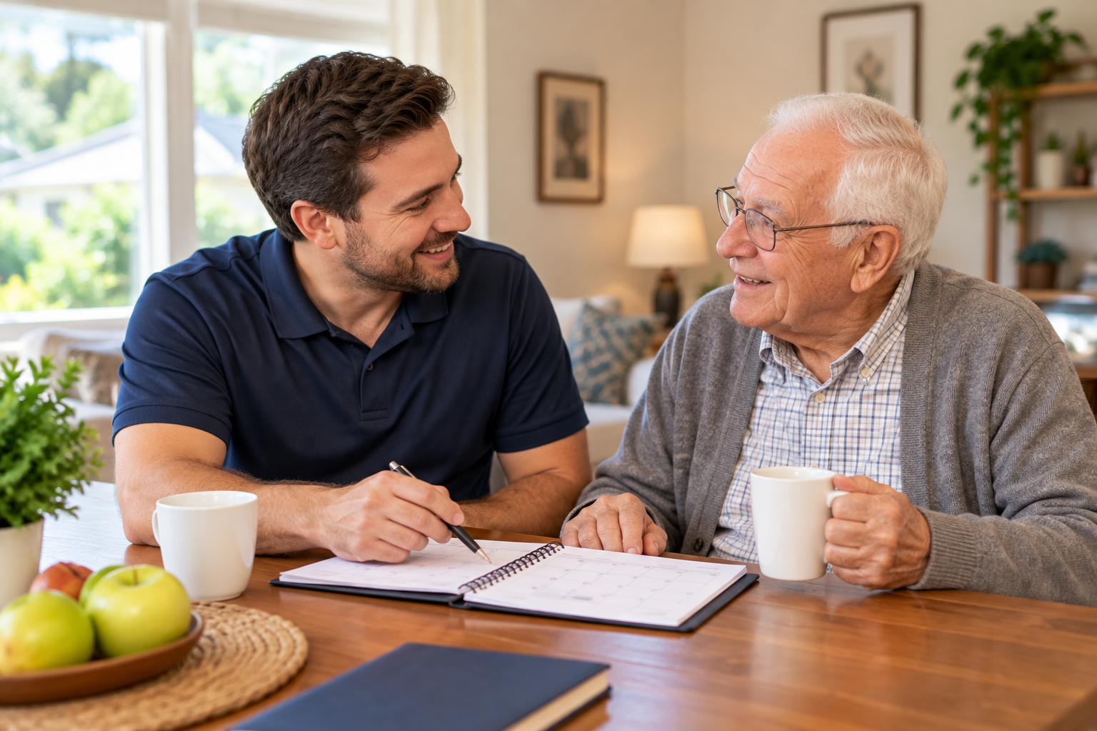 Male companion caregiver spending time with an older adult at home in Stafford Texas