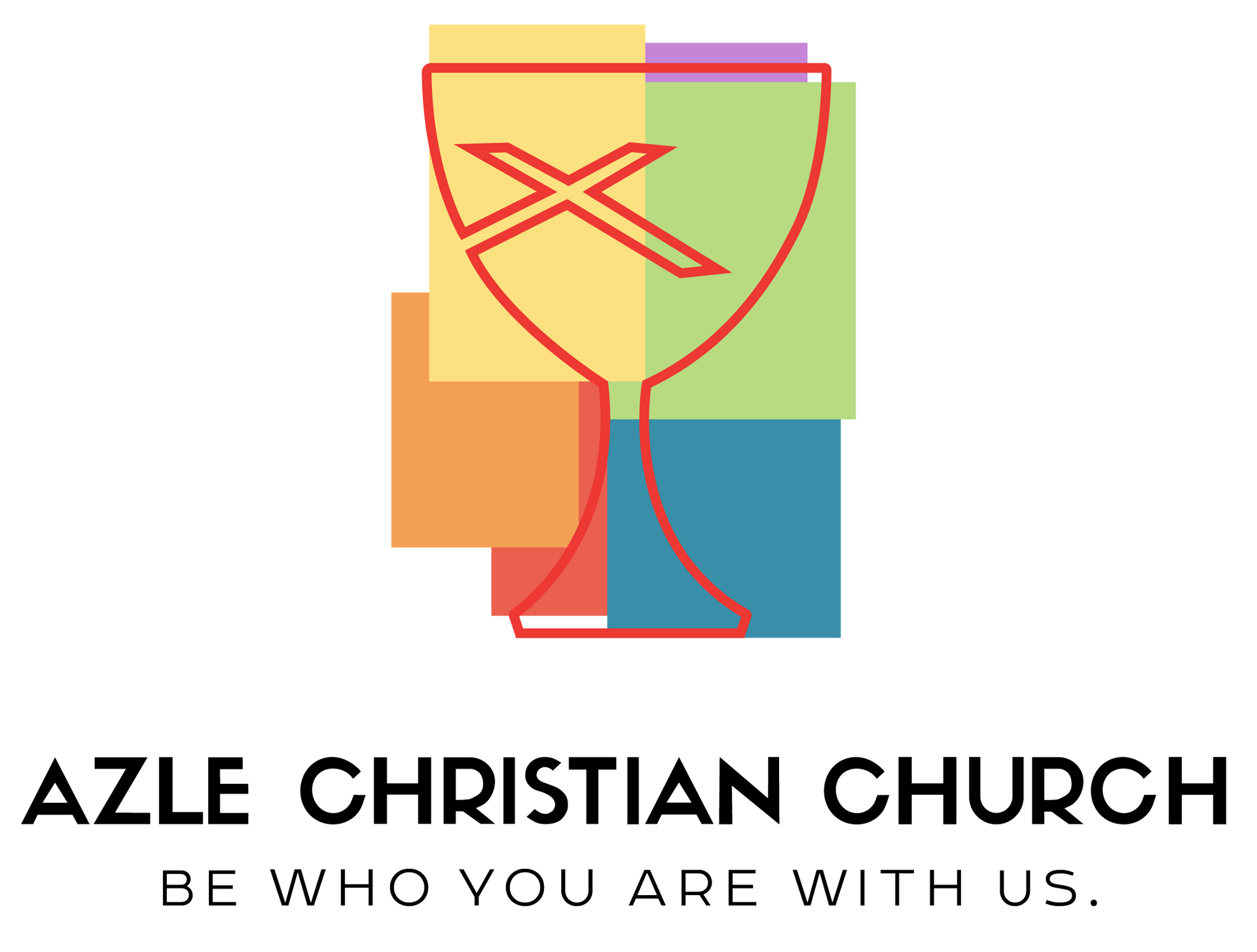 Logo for Azle Christian Church: chalice with cross over colorful squares; text below says 