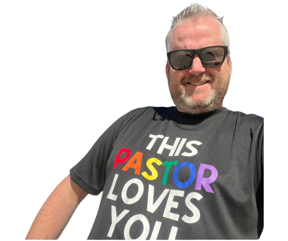 Man wearing sunglasses and a shirt that says,