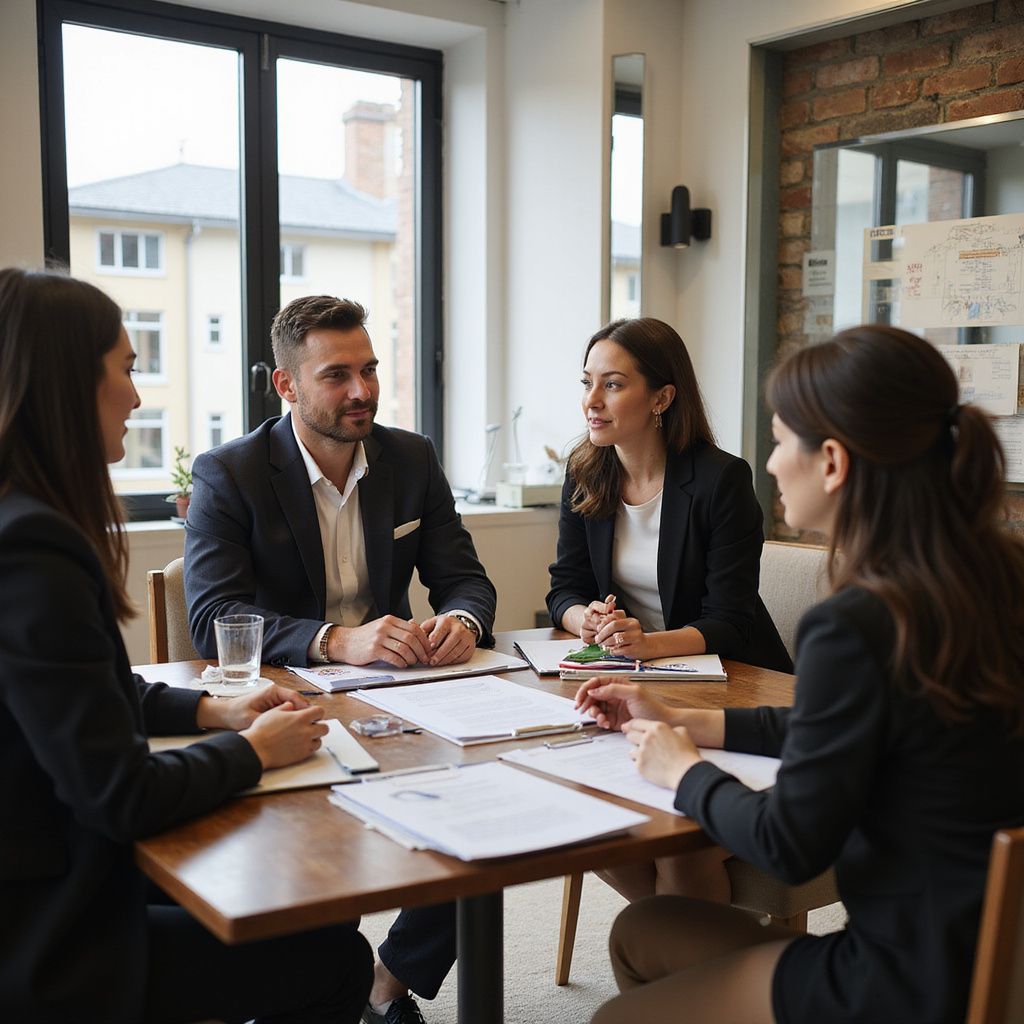 Four business professionals in a meeting, reviewing documents at a table. Bright office setting.