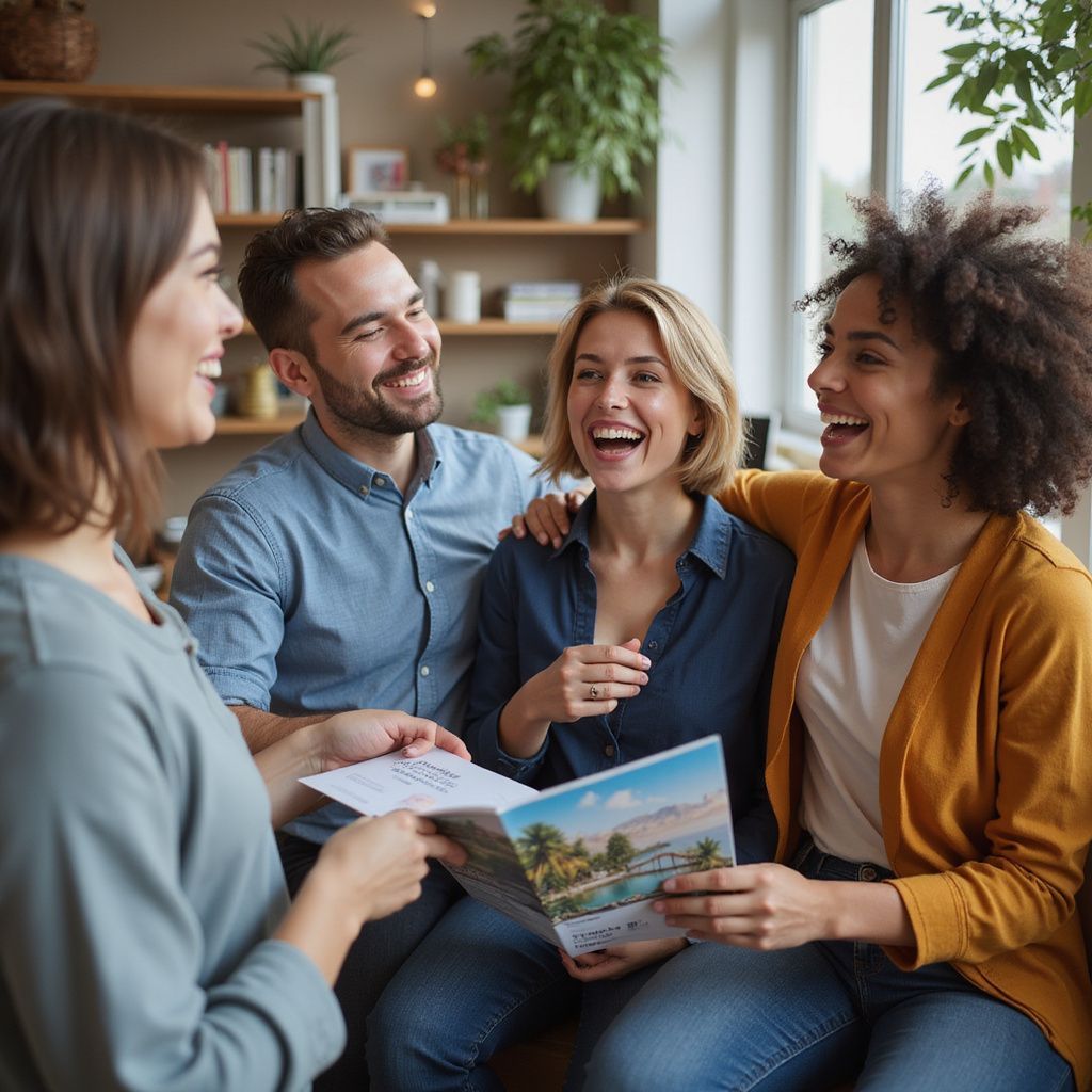 Four smiling people gathered, looking at brochure indoors.