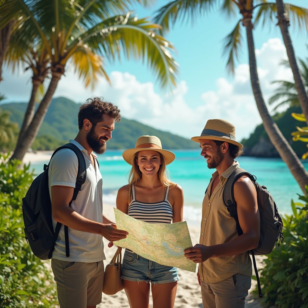 Three travelers on a tropical beach consult a map. Palm trees and blue water in the background.