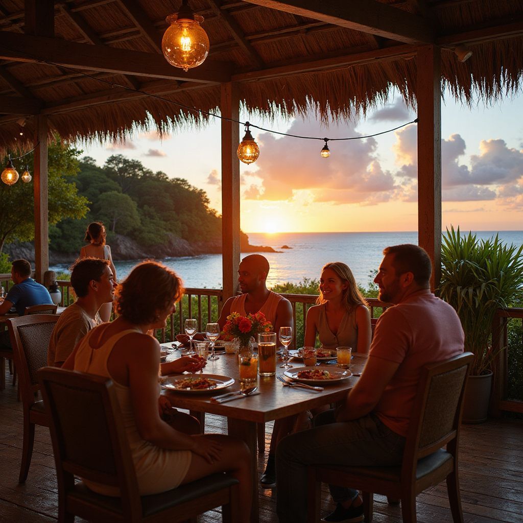 People dining at a table overlooking the ocean at sunset; string lights, warm tones.