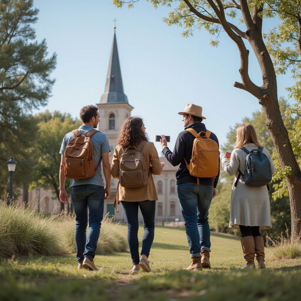 Four people with backpacks walk on grass toward a church with a tall steeple, sunny day.