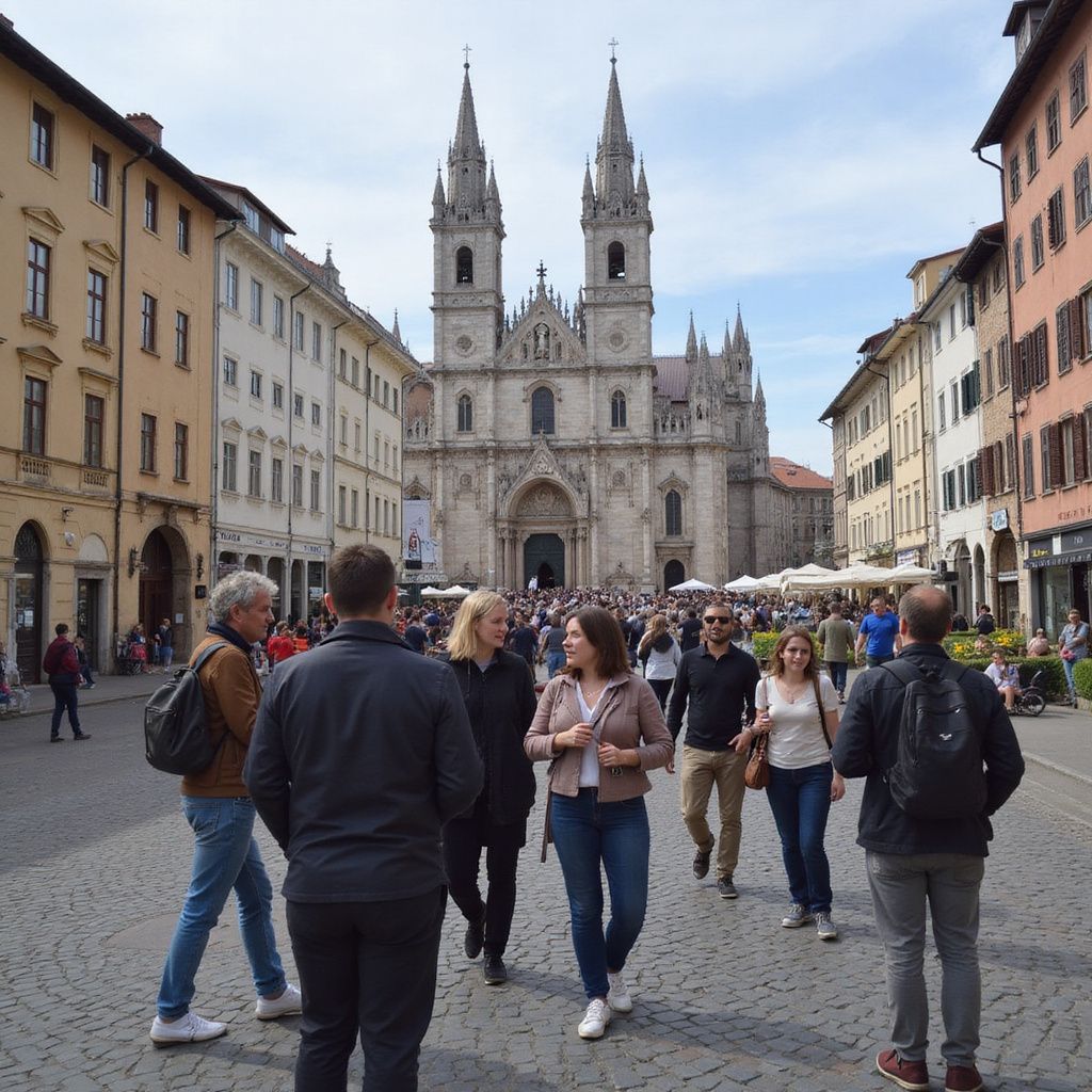 People walking in a cobblestone square towards a large cathedral with twin spires. Buildings line the square.