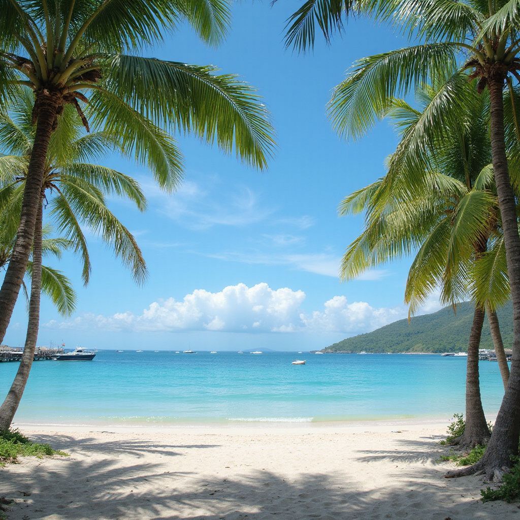 Sandy beach with palm trees, turquoise water, and blue sky.