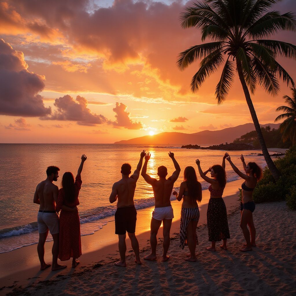 People on a beach at sunset with arms raised in celebration, palm trees in silhouette.