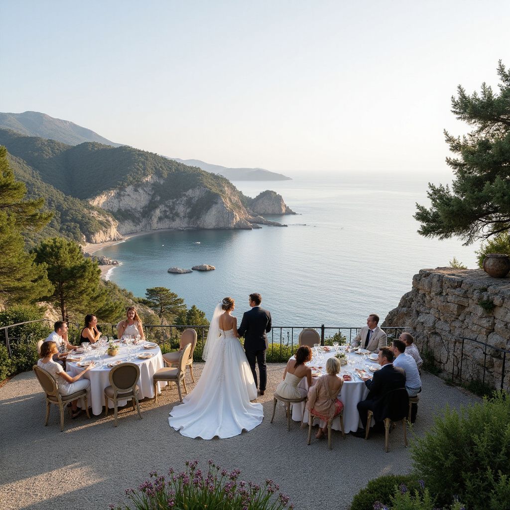 Wedding ceremony overlooking a coastal vista. Bride and groom stand before guests seated at tables.