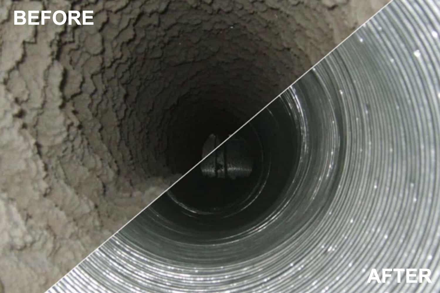 A before and after picture of a duct that has been cleaned