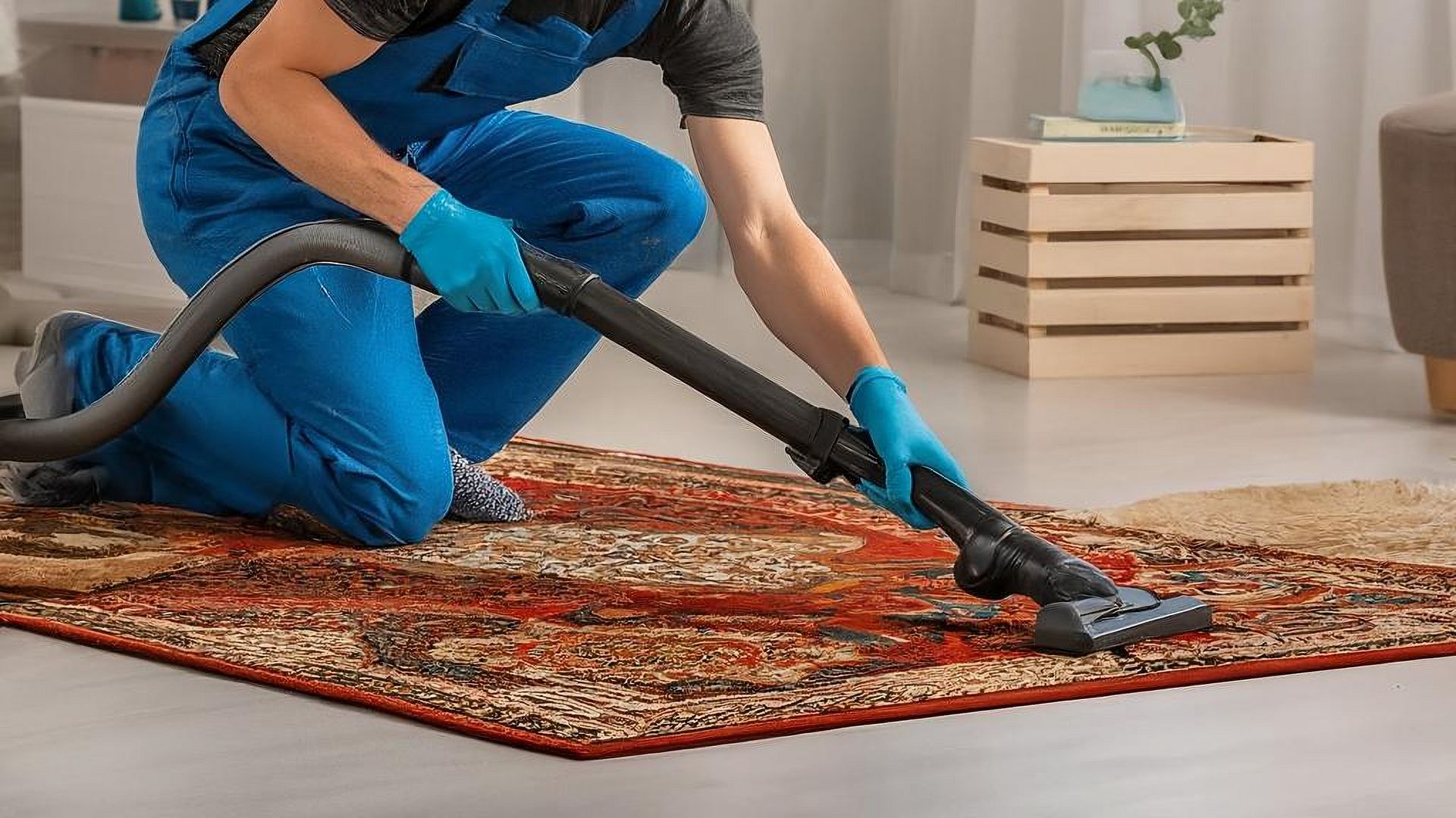 A man is cleaning a rug with a vacuum cleaner.