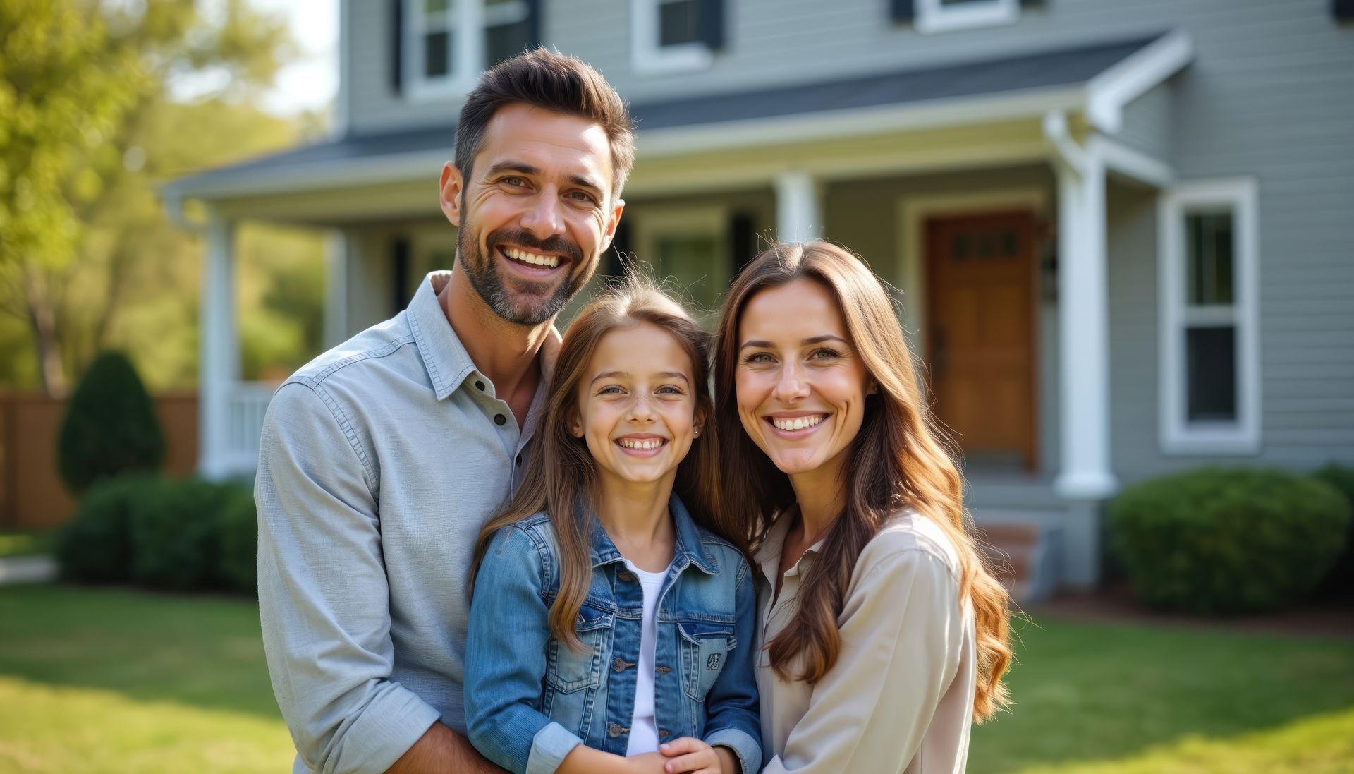 A family with personal insurance is posing for a picture in a field of flowers.