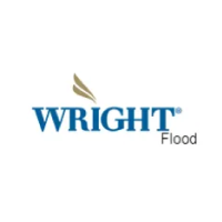 The logo for wright flood is blue with a bird on it.