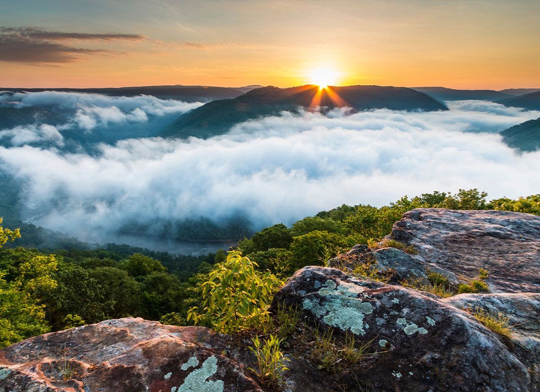 Sunrise above a sea of clouds over forested mountains, with rocky foreground