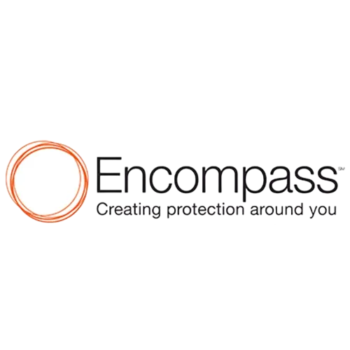 Encompass logo with orange circular rings and tagline “Creating protection around you”