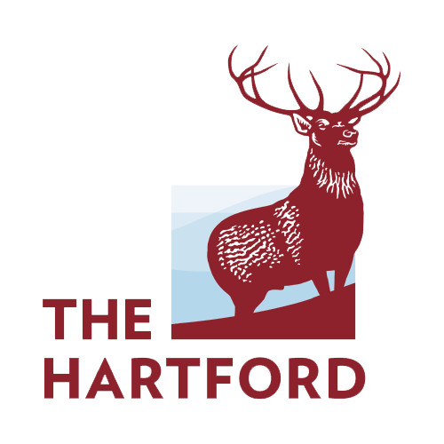 The Hartford logo with a maroon stag and bold text on a white background