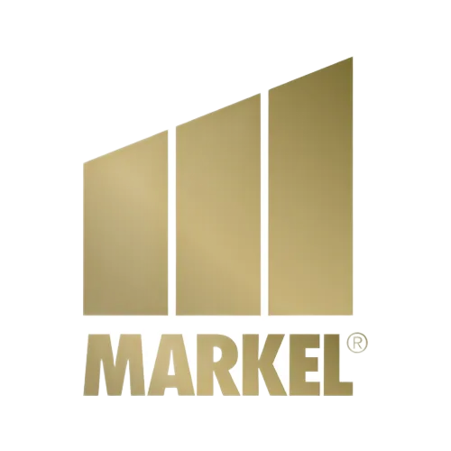 Gold MARKEL logo with three upward bars and a registered trademark symbol