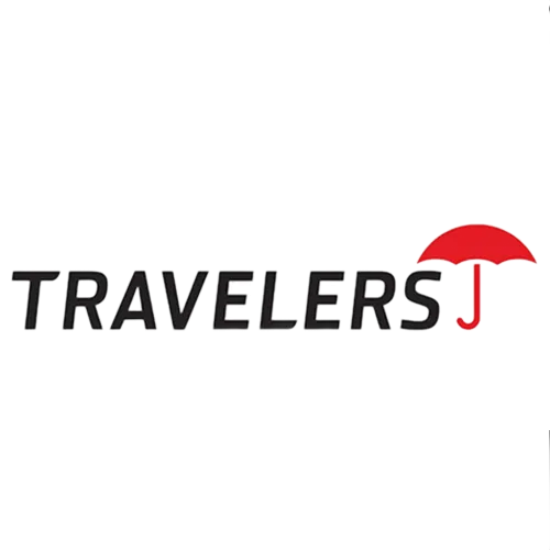 Travelers logo in black text with a red umbrella icon over the “J”