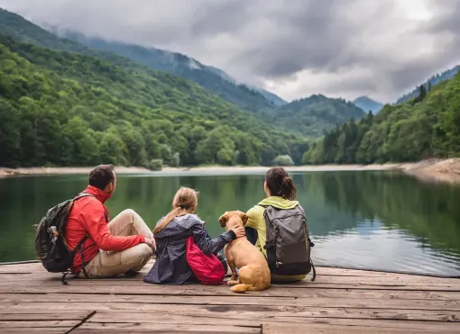 Three hikers and a dog sit on a dock overlooking a calm mountain lake and forested valley