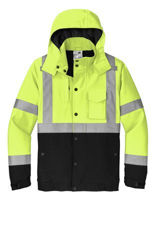 A yellow and black jacket with a hood on a white background.