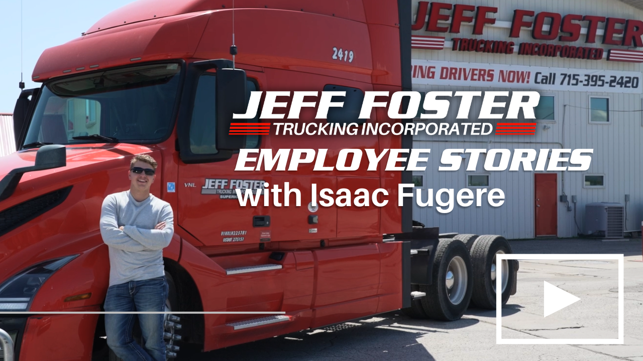 Man in front of a red Jeff Foster Trucking truck. Text: 